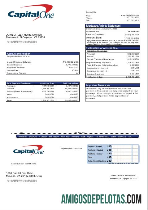 Extrato de hipoteca do USA Capital One Bank em formatos Word e PDF modelo